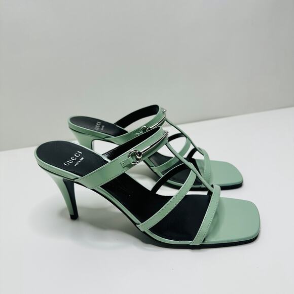 Gucci Regent Slim Horsebit 38/ US 8 Heel Sandals Pacific Green Leather NIB $990 - Picture 4 of 13